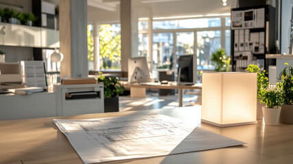 Fototapeta premium modern architect workspace featuring detailed blueprints, plants, and natural light. inviting atmosphere enhances creativity and productivity
