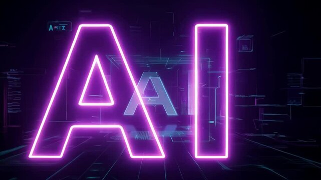 A neon pink glowing "AI" text in a futuristic cyberpunk style, set against a dark digital cityscape with blue holographic elements and abstract data visuals.