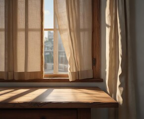 Fototapeta premium A rustic wooden tabletop is set against the worn edge of a half-curtained window, with sunlight casting intricate shadows , warm sunlight, home decor, rustic style