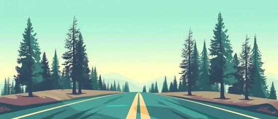 Tranquil Road Trip Through Pine Forest Illustration