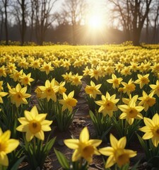 Obraz premium A sea of bright yellow daffodils swaying in the wind as the sun shines down on them , blooms, clouds, nature