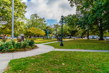 A view from the center of Touro Park in Newport, USA in the fall