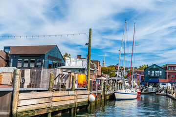 A view from a boat towards Bowens Wharf at Newport, USA in the fall