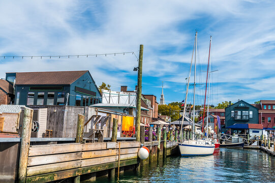 A view from a boat towards Bowens Wharf at Newport, USA in the fall
