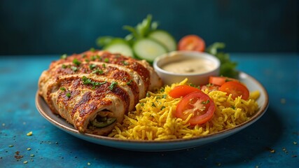 A chicken shawarma platter with yellow rice and garlic sauce on a dark blue background. Perfect for Middle Eastern food ads or restaurant promotions.