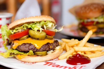 A juicy double cheeseburger with melted cheddar, crisp lettuce, tomato slices, pickles, and a sesame seed bun, served with a side of golden French fries and ketchup