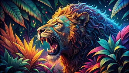 Fierce Lion Roar: Night Jungle Coloring Page Line Art