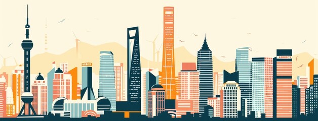 Obraz premium Colorful Stylized Skyline of Shanghai Cityscape