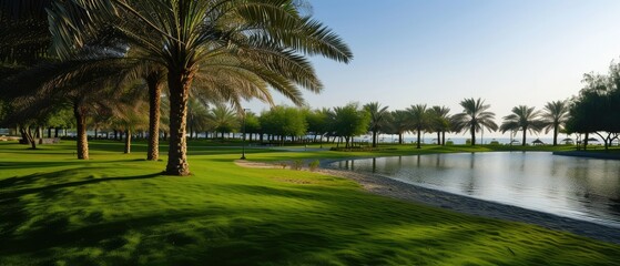 Obraz premium Serene Park with Lake and Palm Trees at Sunrise