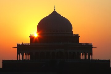 Obraz premium Stunning Silhouette of Historical Monument with Majestic Dome at Sunset, Radiating Warmth and Beauty in the Glorious Sky, Perfect for Travel and Architecture Themes