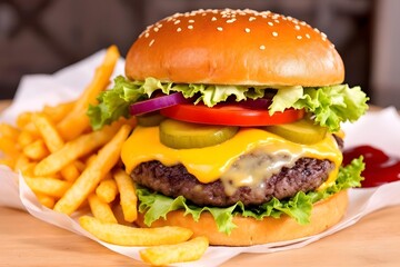 A juicy double cheeseburger with melted cheddar, crisp lettuce, tomato slices, pickles, and a sesame seed bun, served with a side of golden French fries and ketchup
