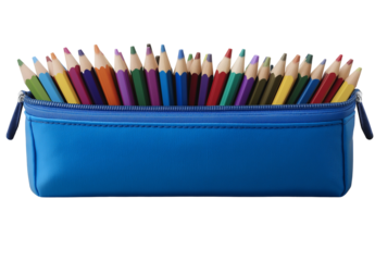 A blue pencil case with colored pencils, on a transparent background