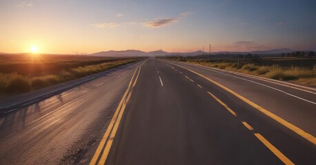 Fototapeta premium Asphalt highway at dusk with the setting sun casting long shadows, drive, day, evening