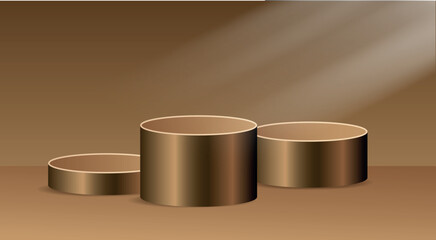 Minimalist product display with three golden round podiums on beige background with sunlight.