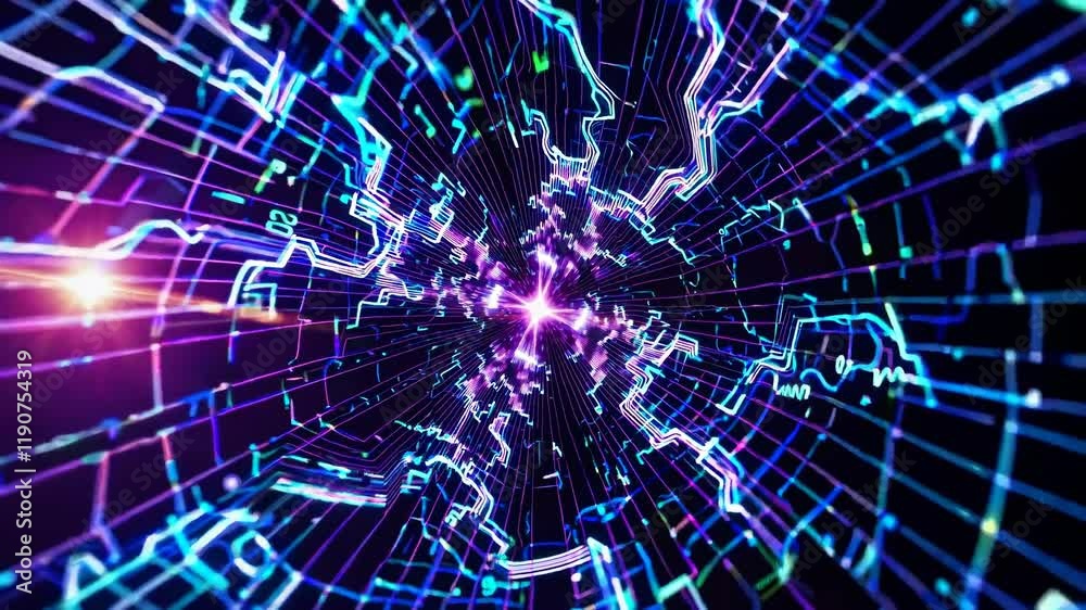 Poster exploring the dynamic patterns of abstract digital visuals created through vibrant lines and colors