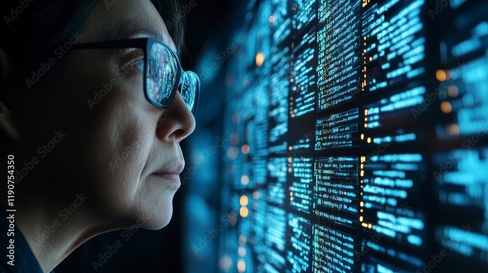 Poster woman programmer scrutinizing complex code on large screen