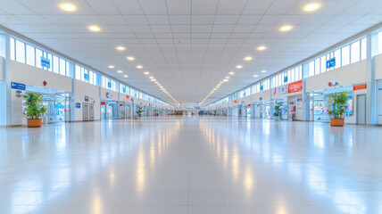 Obraz premium spacious and modern airport terminal with bright lighting and clean floors, featuring large windows and plants for welcoming atmosphere