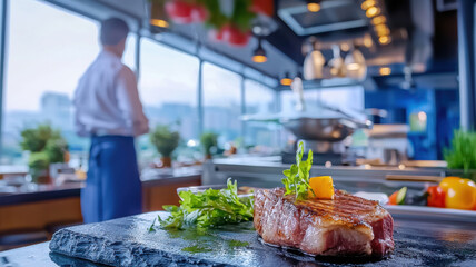 Fototapeta premium beautifully plated steak on slate with fresh herbs, showcasing culinary artistry in modern kitchen setting