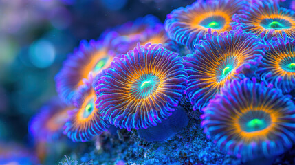 Fototapeta premium Vibrant coral polyps glowing in blue and orange hues create stunning underwater scene