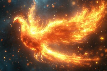 Mythical phoenix rising from flames, illuminated by fiery glow against a dark backdrop