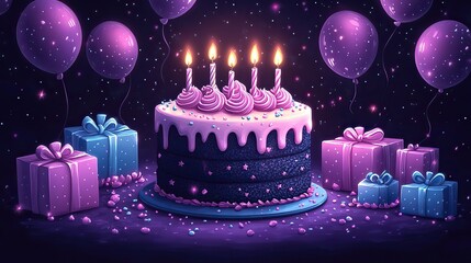 Happy Birthday illustration in a cartoon style with cake, presents, and balloons on purple