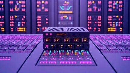 Advanced Data Center Servers Stacked in Modern Server Room with Illuminated Panels