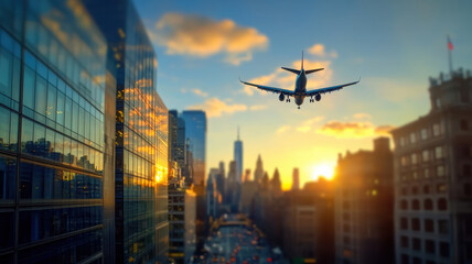stunning view of airplane flying over city skyline at sunset, showcasing urban architecture and vibrant colors