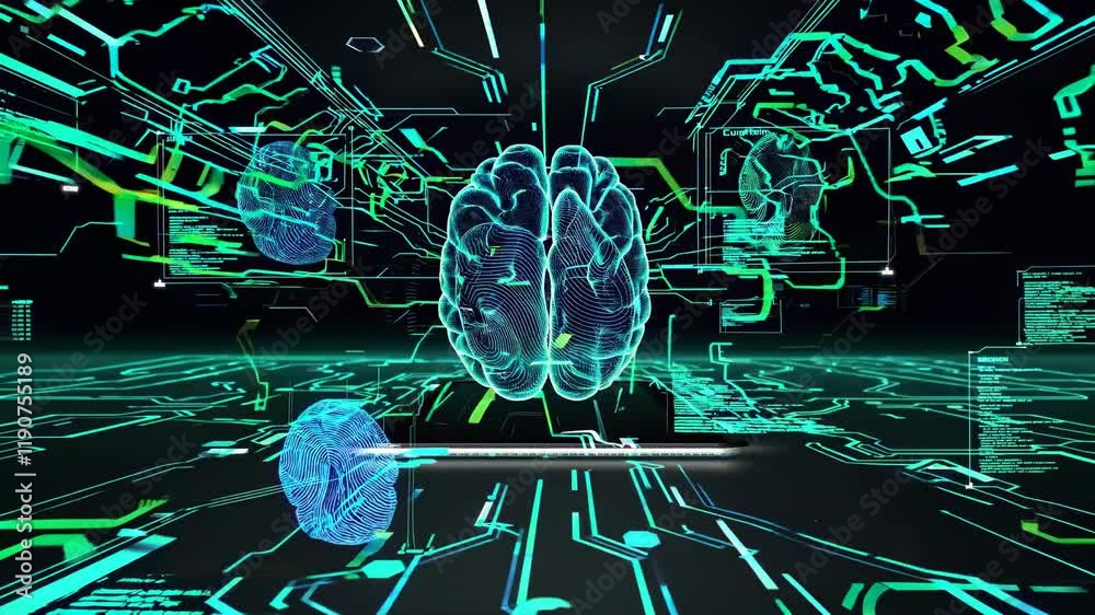 Poster exploring the future of artificial intelligence and brain-computer interfaces in digital environment