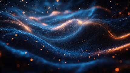 Abstract digital art: Blue and golden glowing particles forming dynamic waves.  Dark background.  Suitable for technology, energy, or design projects.
