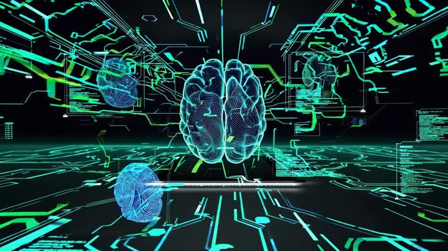 Exploring the future of artificial intelligence and brain-computer interfaces in digital environments. Futuristic HUD, FUI, FVX style.