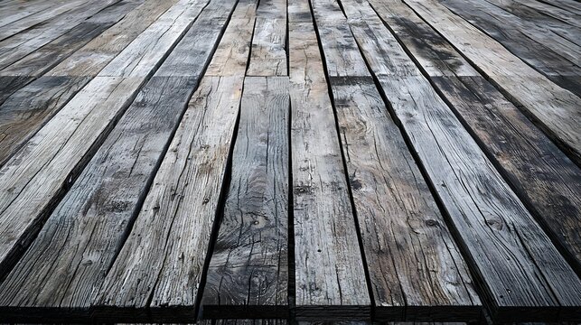 A close-up view of weathered wooden planks arranged in a parallel pattern, showcasing natural textures and colors.