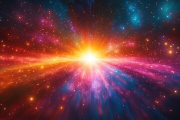 Vibrant cosmic explosion displays radiant colors and swirling stars in an expansive universe setting