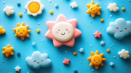 Hello August in simple white text on a blue background, surrounded by cartoon-style summer icons like suns and clouds
