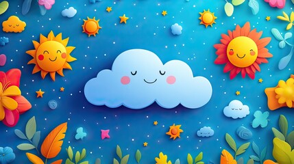 Hello August in simple white text on a blue background, surrounded by cartoon-style summer icons like suns and clouds