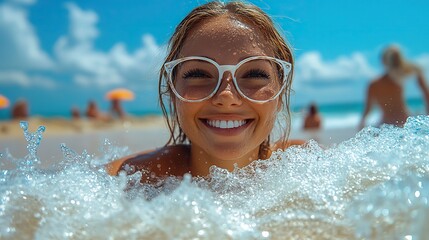 Hello August in white bold letters with a sunny beach background, creating a cheerful summer atmosphere