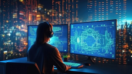 Fototapeta premium Outstanding Cyber security experts working with tech devices and neon lights