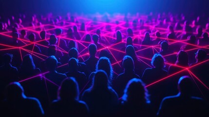Global Network Connection Crowd Illuminated by Pink Laser Lines Digital Networking Concept