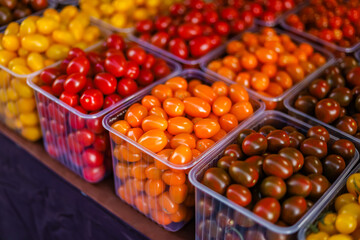 Fresh cherry tomatoes in containers are sold at the vegetable market, in different colors, yellow, brown, red, orange.