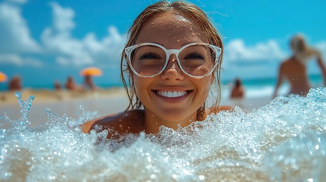 Hello August in white bold letters with a sunny beach background, creating a cheerful summer atmosphere