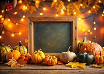 Rustic Fall Chalkboard Frame with Pumpkins - Autumn Harvest Stock Photo