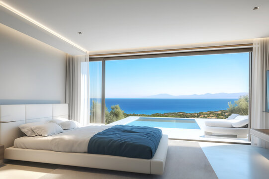 Bedroom interior in a modern villa with sunny sea view	