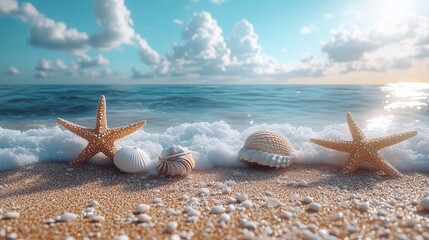 Hello August written in white letters on a blue background with beach views and cute cartoon-style summer icons