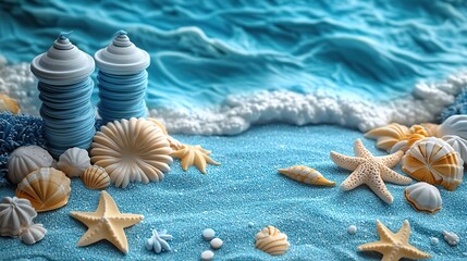Hello August written in white letters on a blue background with beach views and cute cartoon-style summer icons