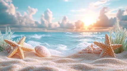 Hello August written in white letters on a blue background with beach views and cute cartoon-style summer icons