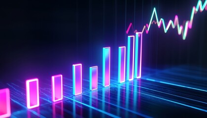 Fototapeta premium Dynamic sector bar chart in bright neon glow.