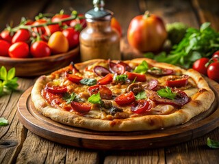 Rustic Peasant Pizza with Chicken & Bacon Side View - Gourmet Food Photography