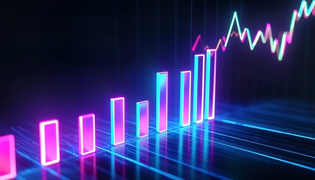 Dynamic sector bar chart in bright neon glow.
