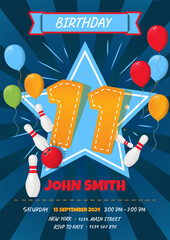 Children's 11th Birthday Invitation Card Featuring Bowling Ball and Pins - Vector Illustration