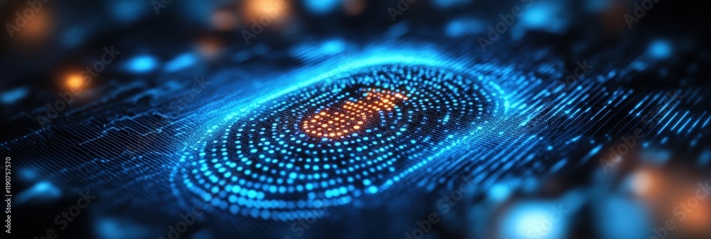 Poster high-tech fingerprint security system with digital connections and cyber elements visualized in vibr