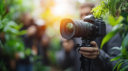 Fototapeta premium Filming Nature Documentary Close up of DSLR Camera on Tripod in Lush Green Foliage